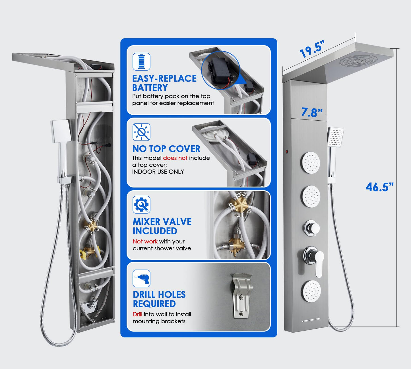 ROVOGO Shower Panel Tower System with Led Lights, 2-Mode Shower Head, 3 Body Jets, Handheld and Tub Spout, 46.5" Stainless Steel Shower Column with Mixer Valve, Brushed