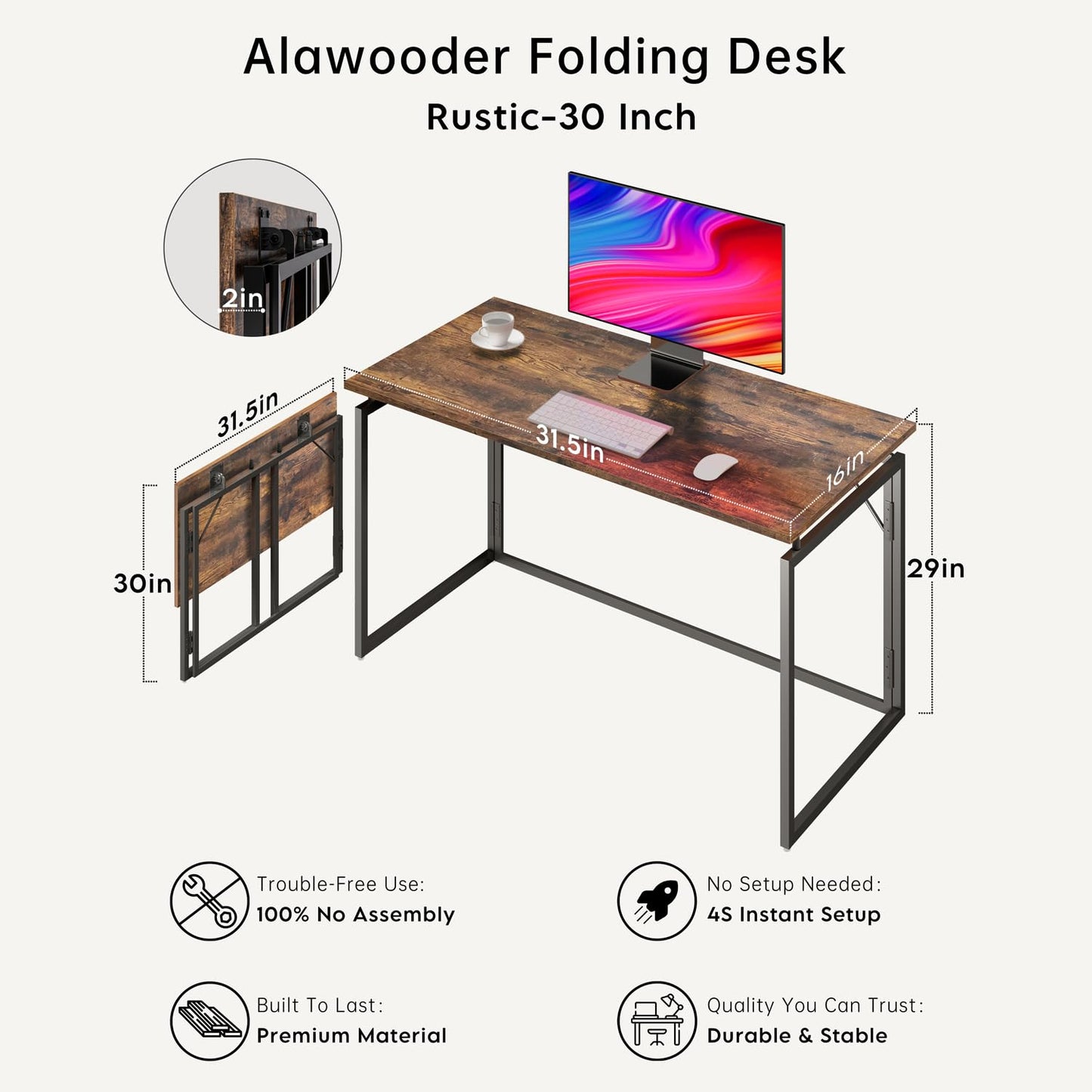 alawooder Folding Desk 30 Inch - No Assembly Small Foldable Desk for Small Space Minimalist, Space Saving Collapsible Compact Desks Portable Table for Craft, Writing, Study and Work