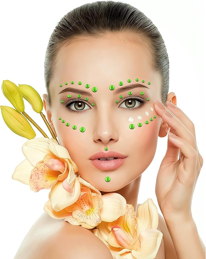 591pcs Face Gems Hair Gems Pearls, Self-Adhesive Face Jewels Eye Rhinestones 3/4/5/6/8 mm Face Gem Stick on, Halloween Makeup Gems Rave Accessories for Face Eyes Body Makeup (09.Light Green)