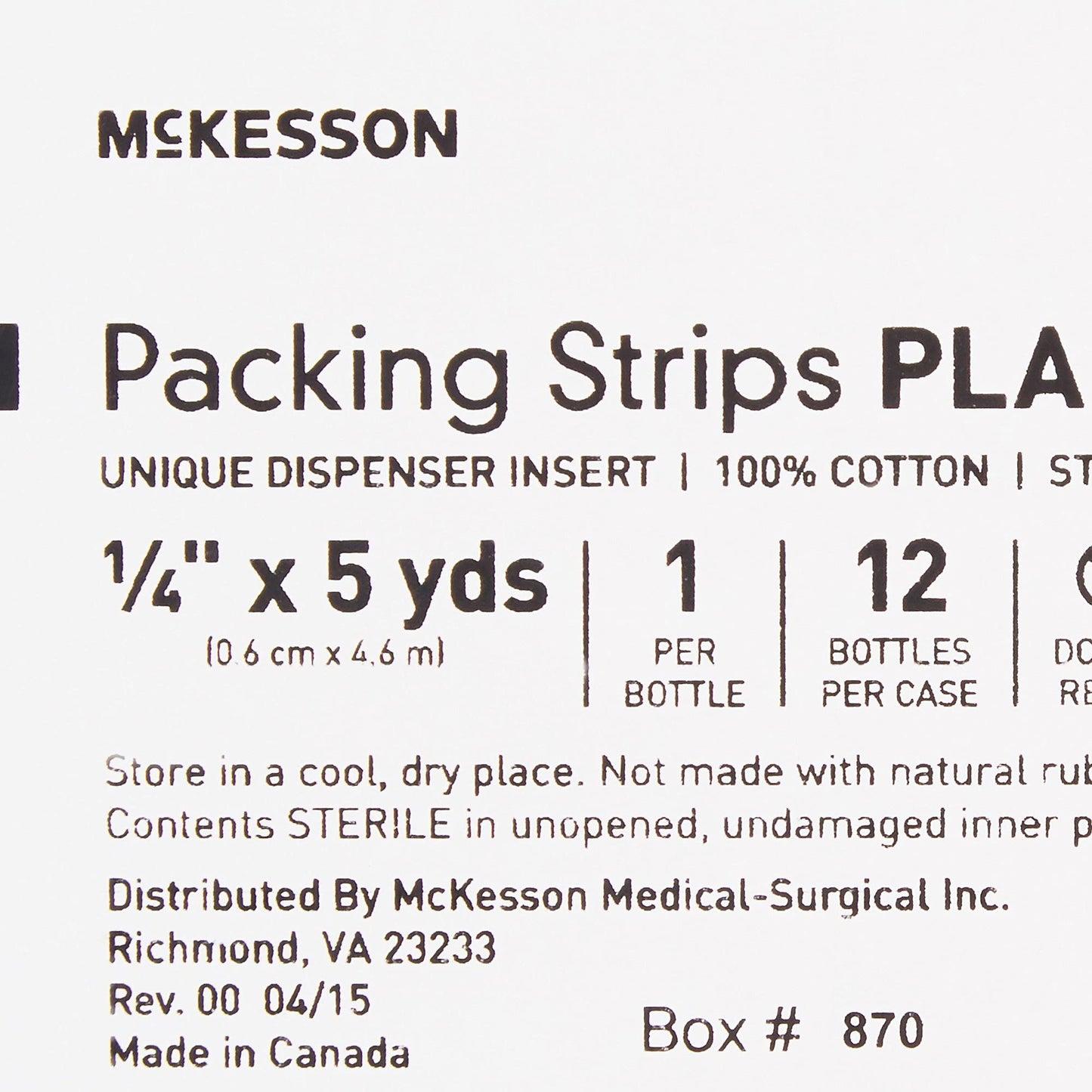 McKesson Packing Strip, Sterile, Plain, 100% Cotton, 1/4 in x 5 yds, 1 Count