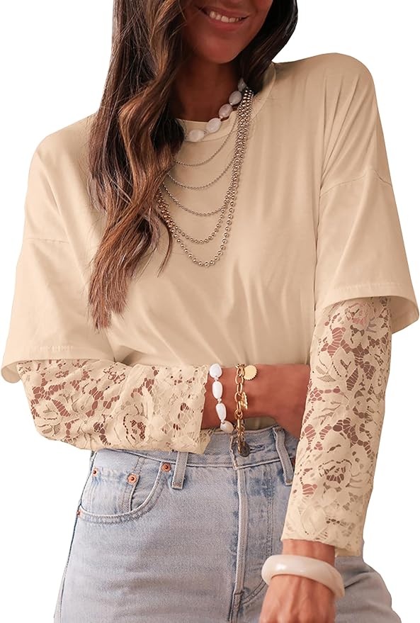 LOLONG T Shirts for Women Fall 2025 Long Sleeve Lace Patchwork Crew Neck Tops Casual Tees