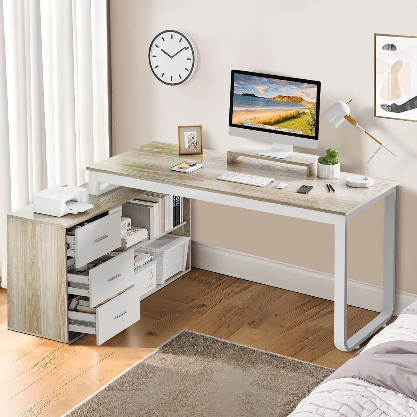 MaverickFurni 55 Inch Reversible L Shaped Computer Desk with 3 Drawers, Corner Desk with Storage Shelves and Removable Monitor Stand, White and Walnut