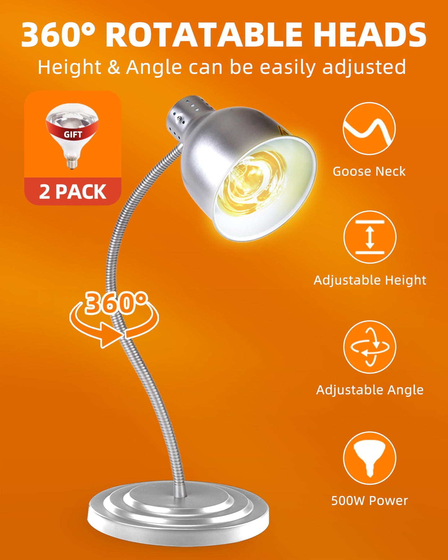 Food Heat Lamp: [Rapid-Heating Bulbs Included] [Steady Heating] Commercial Food Warmer Lamp, Electric Heat Lamp for Food Catering Food Warming Lamp for Buffet Parties (Painted Silver, 32" (1-Head,N2