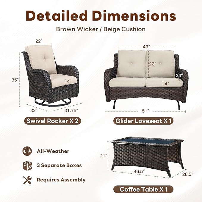 Belord 4 Piece Patio Furniture Set - Outdoor Glider Bench with Swivel Rocker Chairs and Coffee Table, High Back Small Outdoor Conversation Furniture Sets for Deck Sunroom Balcony Backyard
