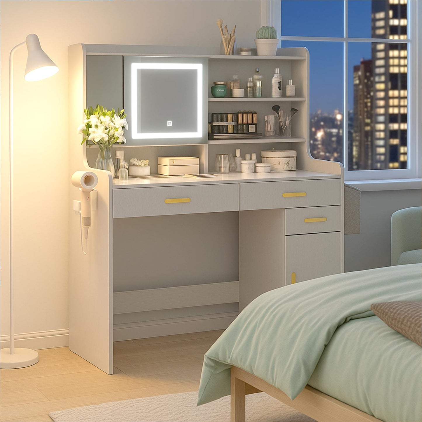 KATYGLORY Vanity Desk with Mirror and Adjustable LED Lights Makeup Vanity Table for Bedroom with Glass Tabletop Power Outlet Storage Bag 3 Drawers 1 Cabinet and 6 Storage Shelve,White