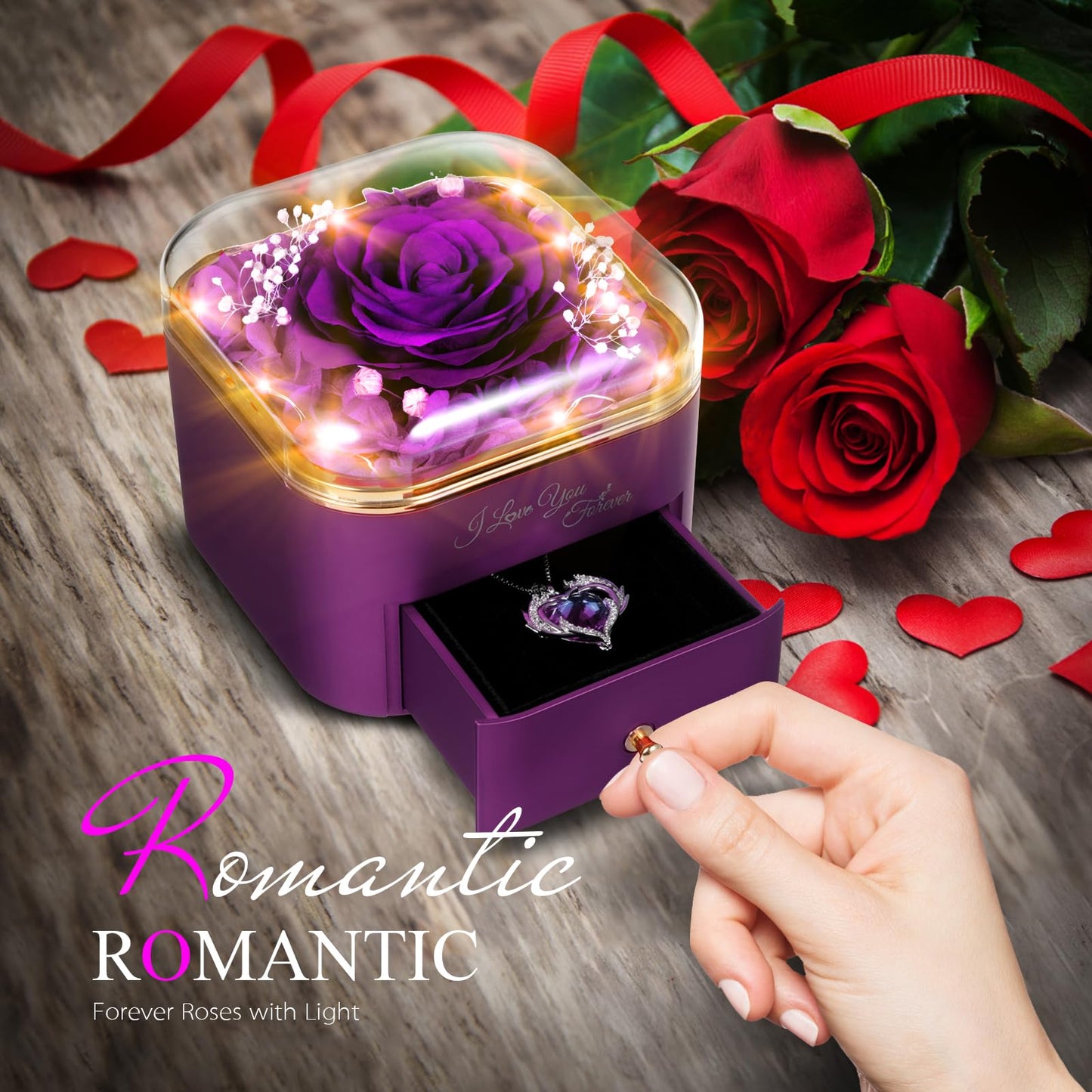 Forever Preserved Rose for Women Mum Wife Girlfriend Eternal Rose Flower Gift Box with Necklace for Her Ideal for Valentines Day Mother's Gifts Birthday for Women Anniversary