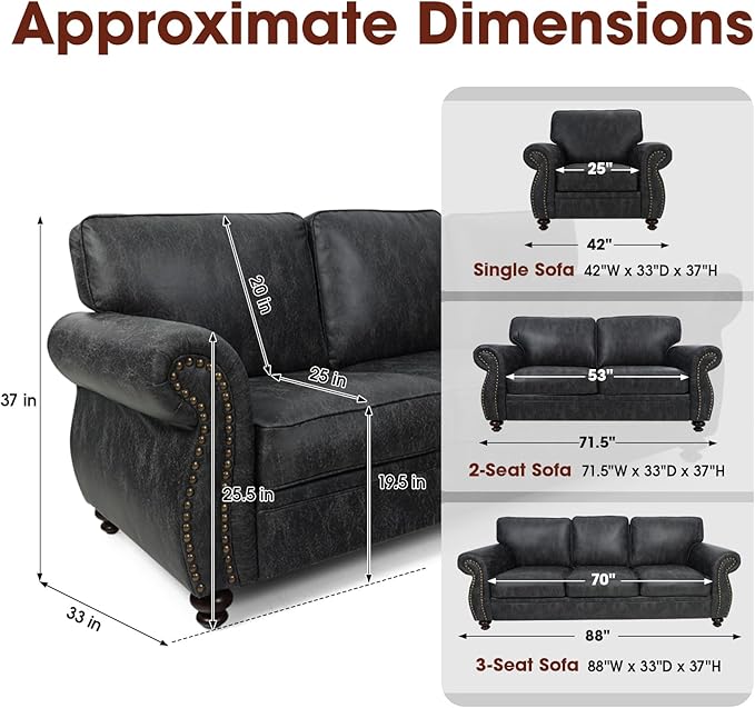 Couchus Living Room Furniture Sets,Sofa Sets and Couch Sets for Living Room,Mid-Century Vintage Sofa Couches with Rivet Design (Grey, Single+Loveseat+3 Seater)