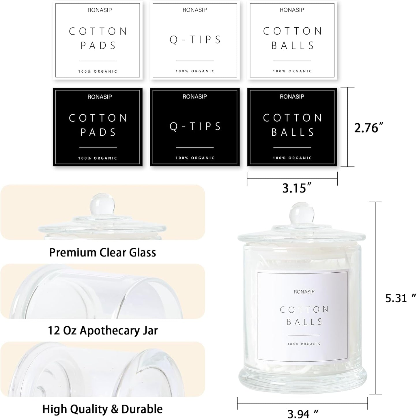 Qtip Holder & Cotton Pad Dispenser, Bathroom Organizer and Storage Canisters, 16oz Glass Apothecary Jars for Kitchen, Restroom - Home Decor, Room Decor Aesthetic (2 Pack, Transparent)
