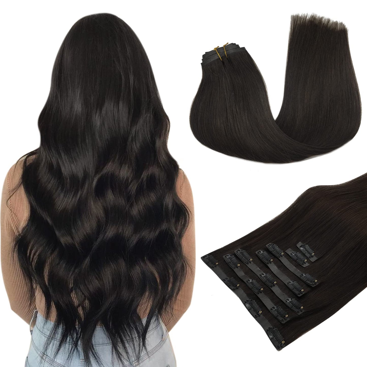 MAXITA Clip in Human Hair Extensions, 16 Inch 130g 7pcs Dark Brown, Seamless Real Remy Natural Straight