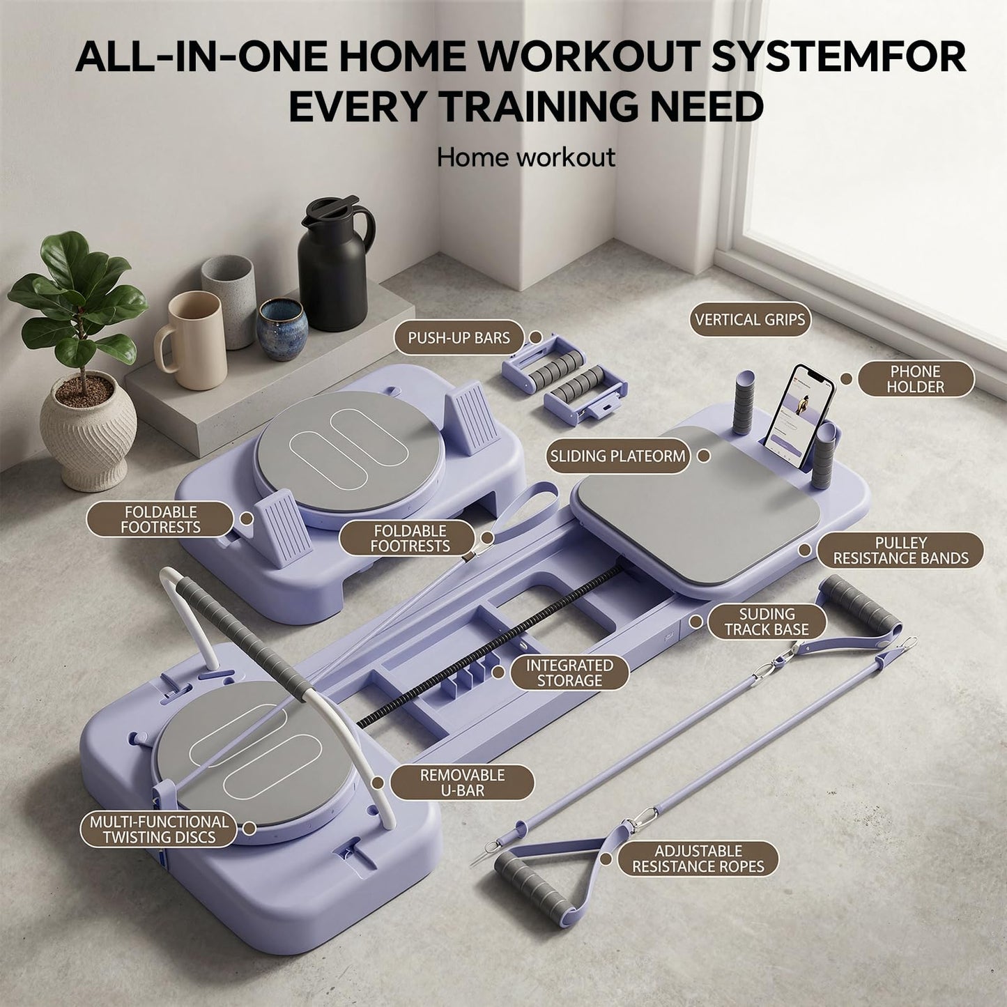 Pilates Board, Foldable Pilates Reformer Set for Home Workout, Multifunctional Portable Compact Reformer Pilates Machine at Home All in 1 Workout Sliding Pilates Equipment (Purple)