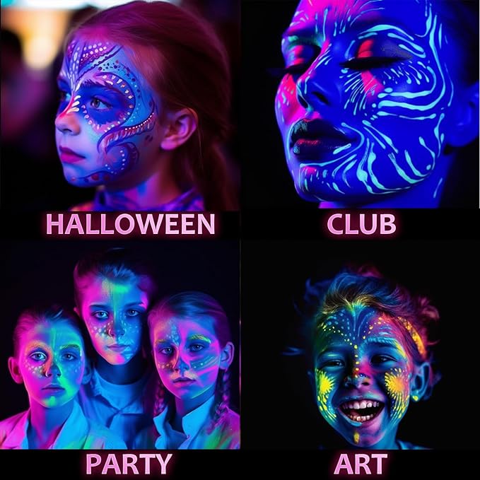 BADCOLOR Glow UV Face Paint, 15 Colors Neon Eyeshadow Palette, Water-Based UV Blacklight Face Body Paint for Kids - UV Eyeliner Makeup Palette for Halloween Glow Party Club Music Festivals