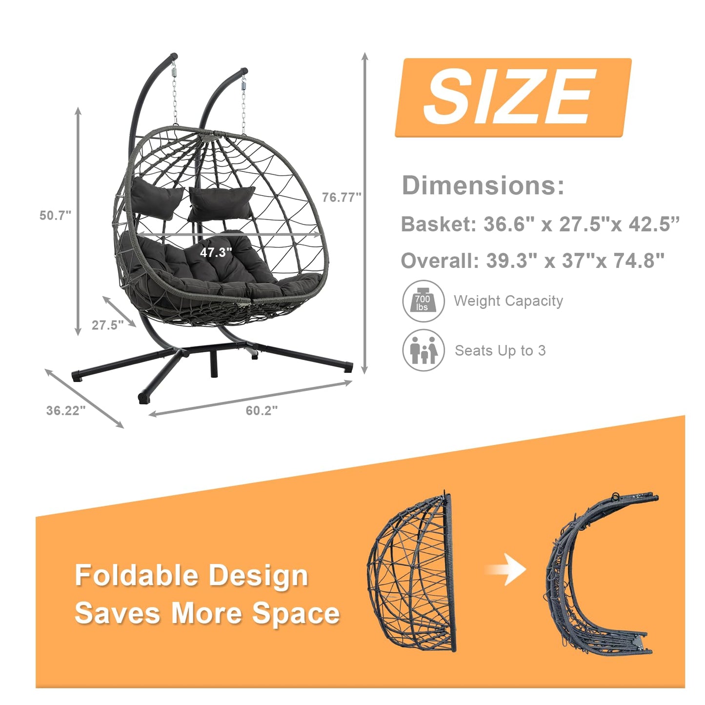 Anranni Double Egg Swing Chair with Stand, 2 Person Outdoor Indoor Hammock Hanging Chair with Cushion,Patio Wicker Hanging Egg Chair w/Cushion 700LBS Capacity for Bedroom, Balcony, Garden