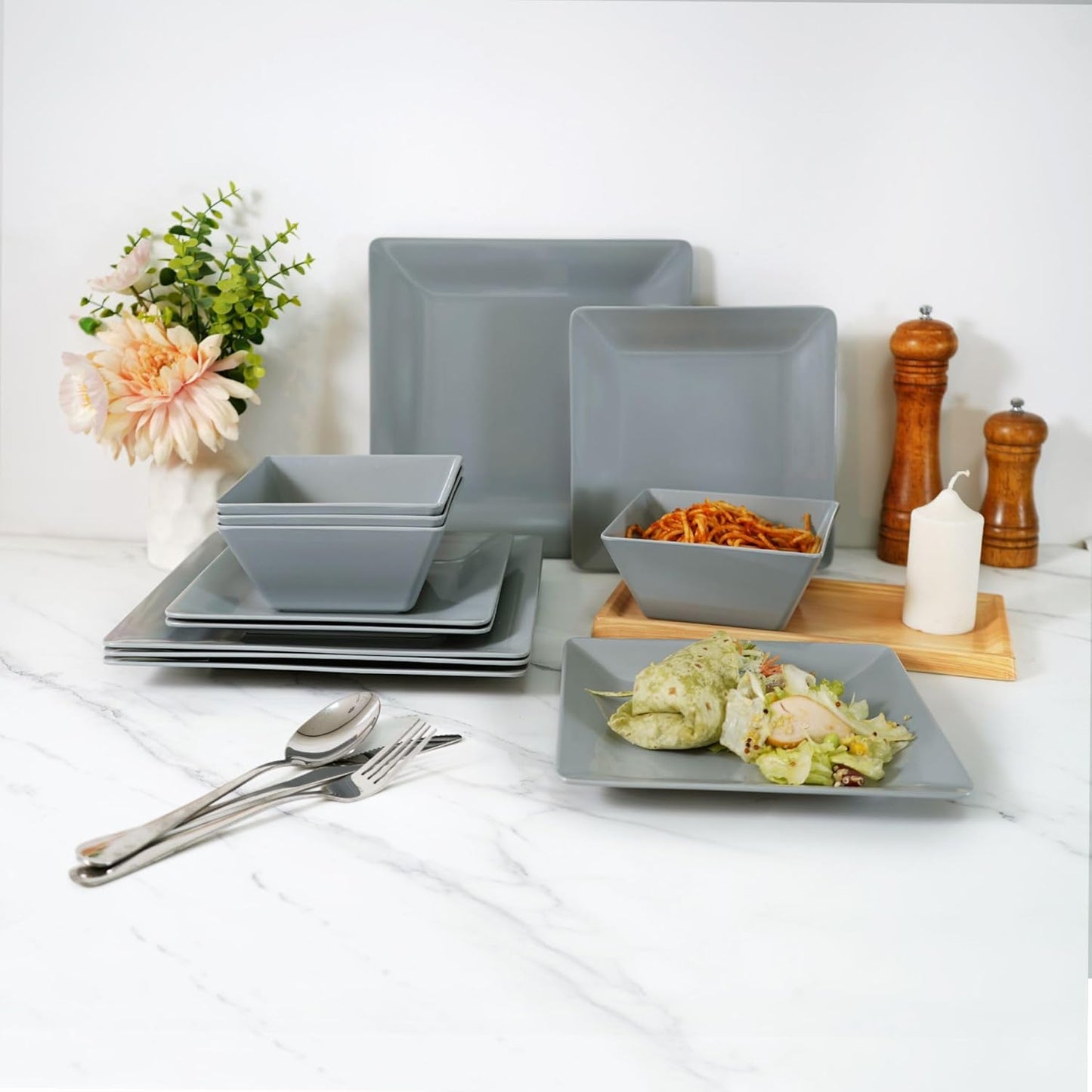 TP 12-Piece Dinnerware Set, Melamine Dishes Set with Bowls and Plates, Non-breakable and Lightweight Square Dinner Set for 4, Grey