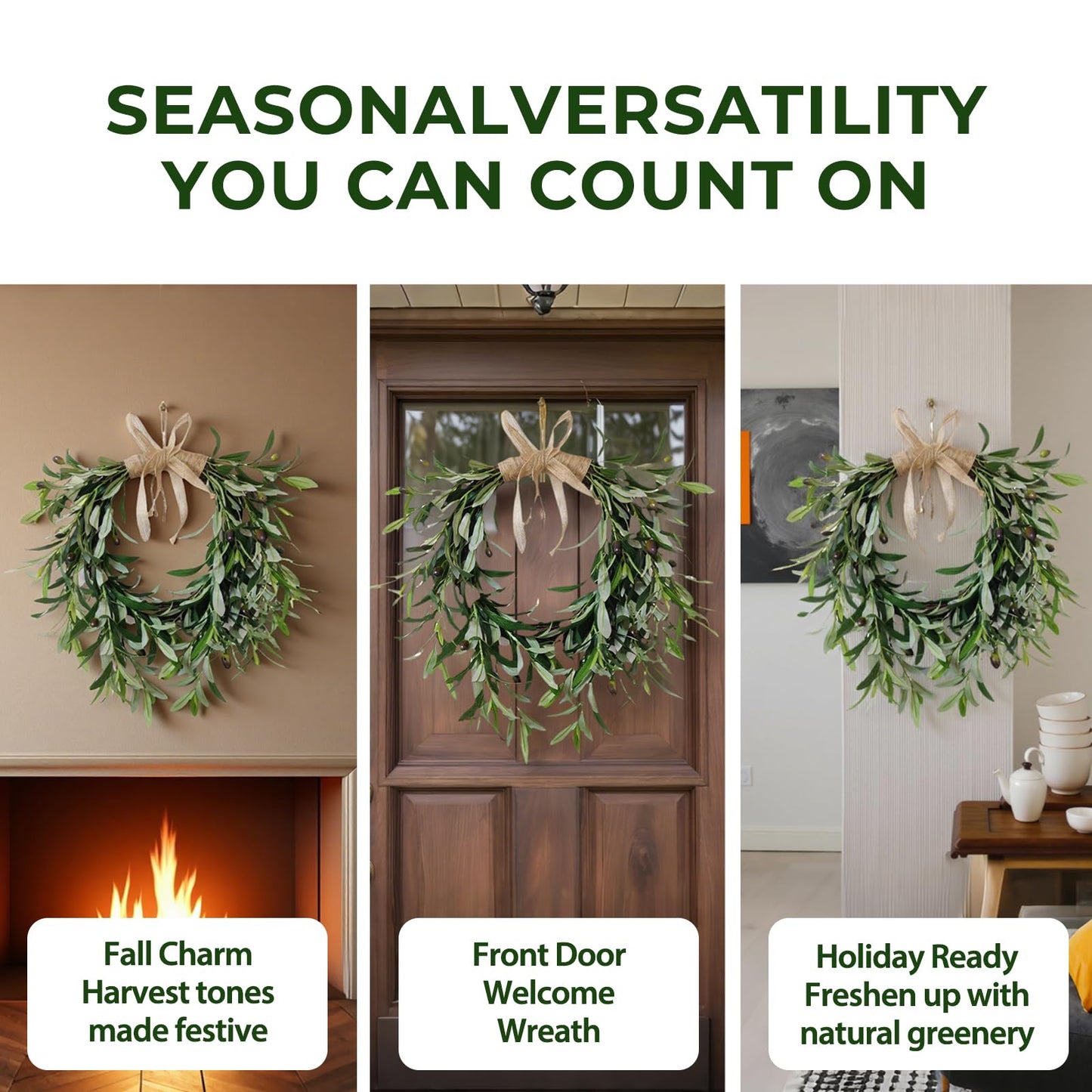 Artificial Olive Garland with Greenery Leaves – Faux Olive Wreath for Front Door, Farmhouse Wall Decor, Hanging Green Wreath for Window or Wedding Decoration (B)