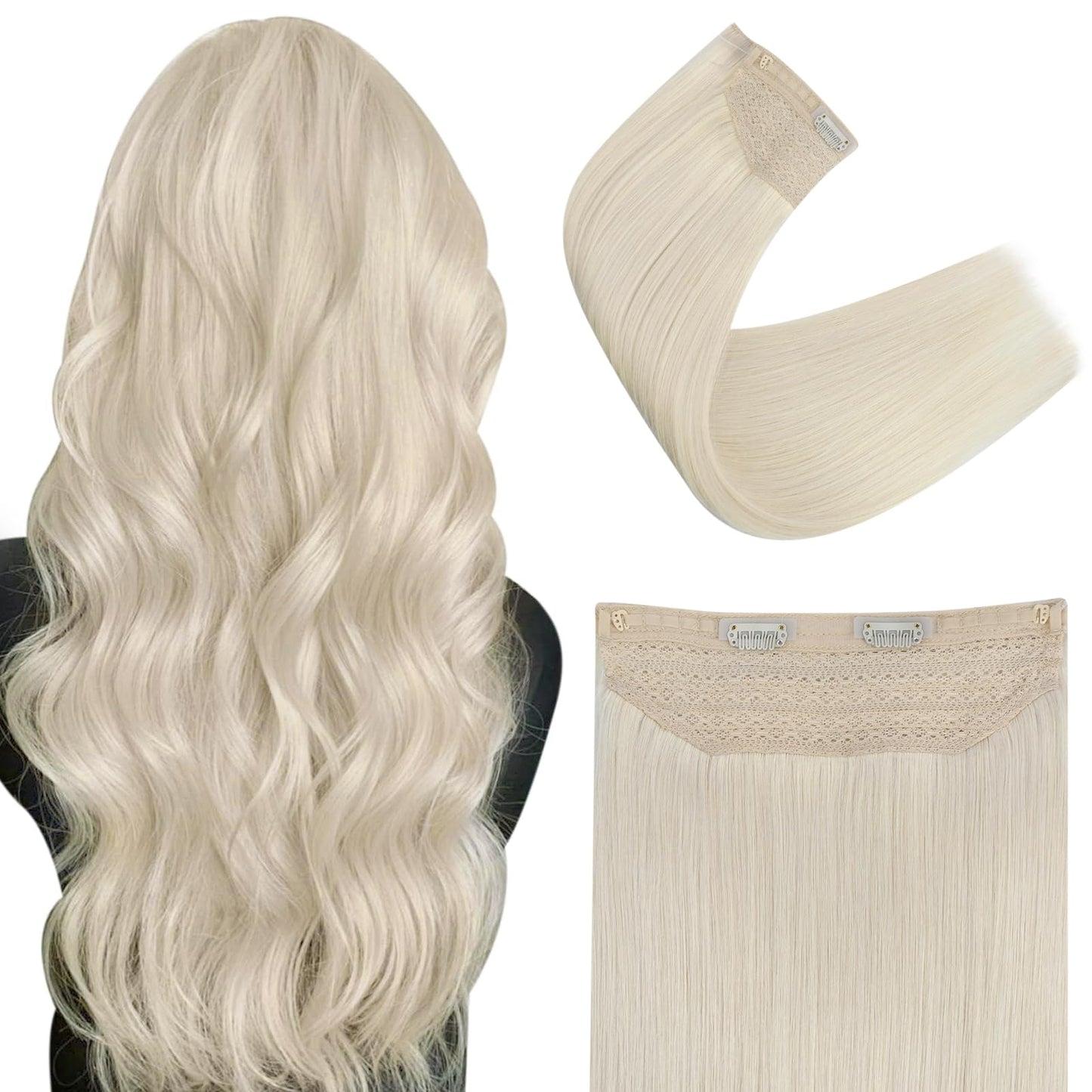 Easyouth Wire Hair Extensions Human Hair White Blonde Hair Wire Extensions Blonde Fish Line Hair Extension Real Human Hair for L