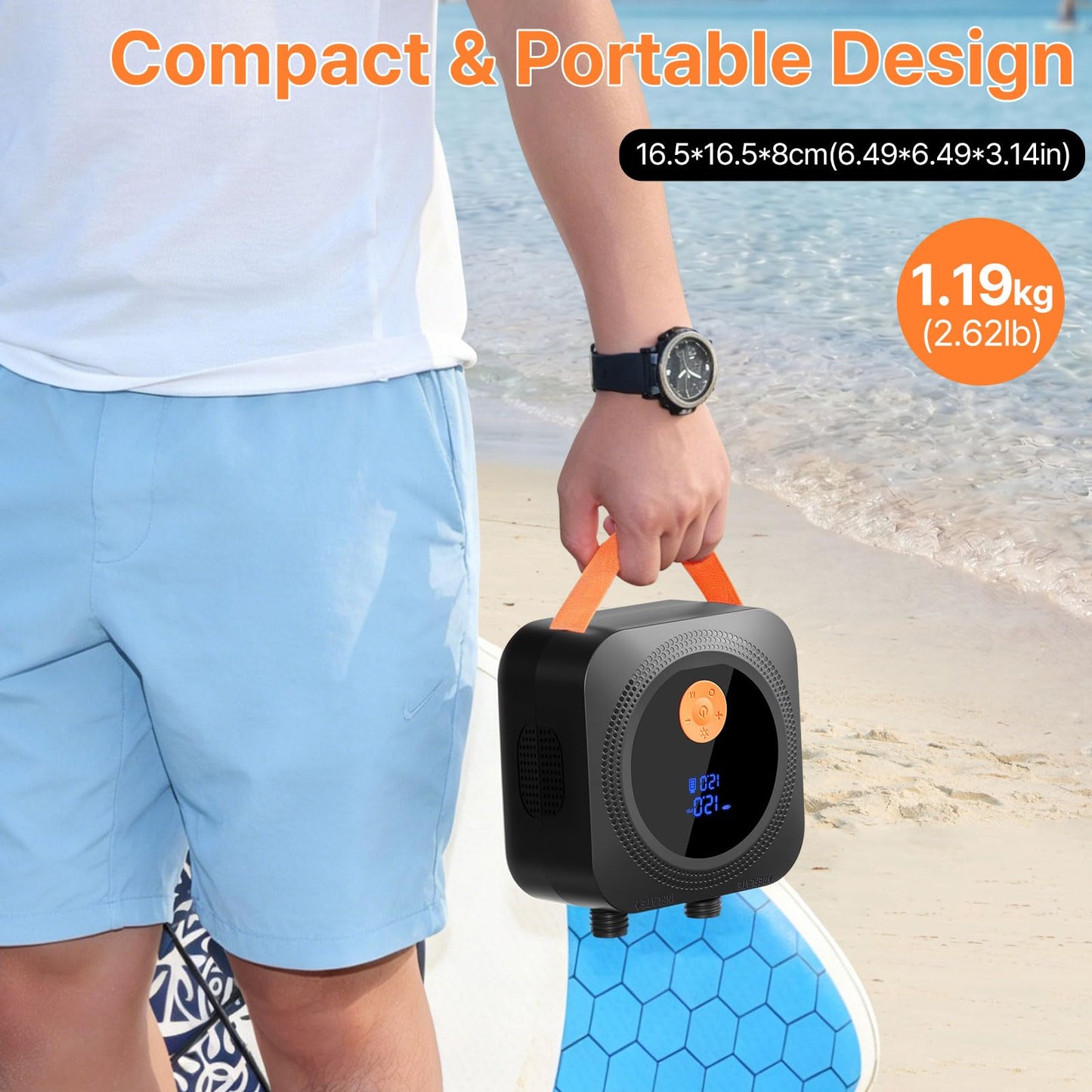 Electric Paddle Board Pump, 12000mAh Rechargeable SUP Pump 22PSI High Pressure with 12V DC Car Adapter, Dual-Stage Inflation&Deflation, Portable Air Pump with 7 Nozzles for SUP, Inflatable Kayak, Boat