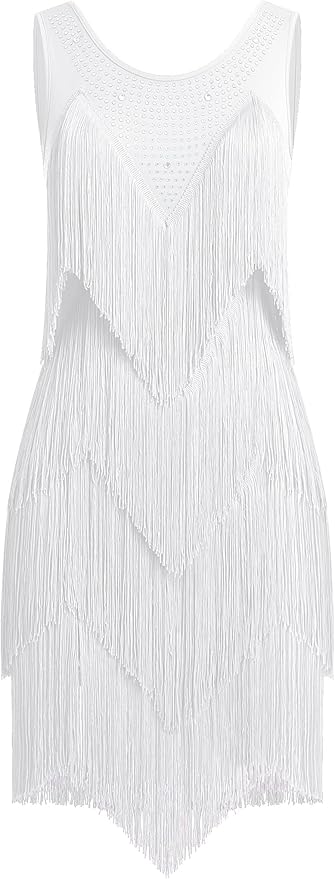 IWEMEK Rhinestones Layered Fringe Dress Ballroom Latin Dance Dress for Women Tiered Tassel Flapper Dresses Dancing Costume