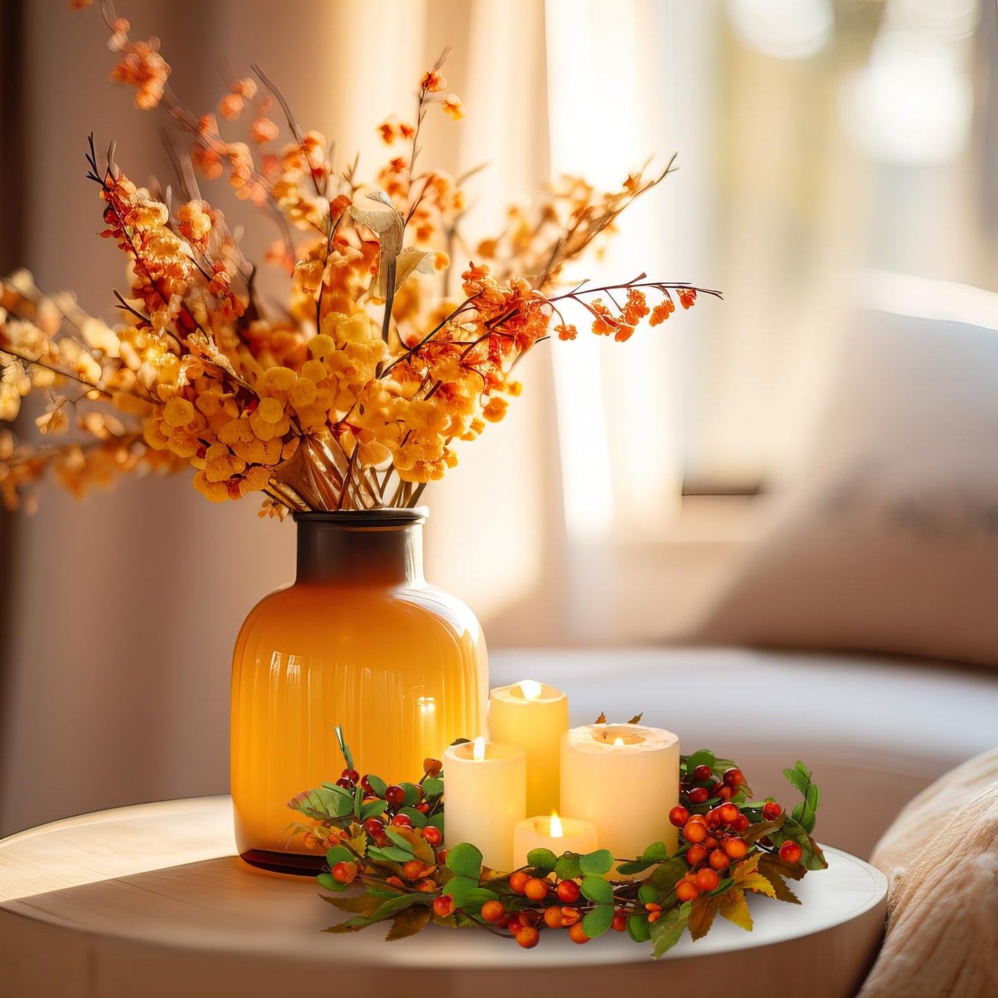 FineCheer 1 Pcs 6.5'' Inner 12" Outer Fall Candle Rings Artificial Maple Leaves Berries Garland for Candlestick Autumn Wreath Candle Holders for Fall Thanksgiving Halloween Table Centerpiece Decor