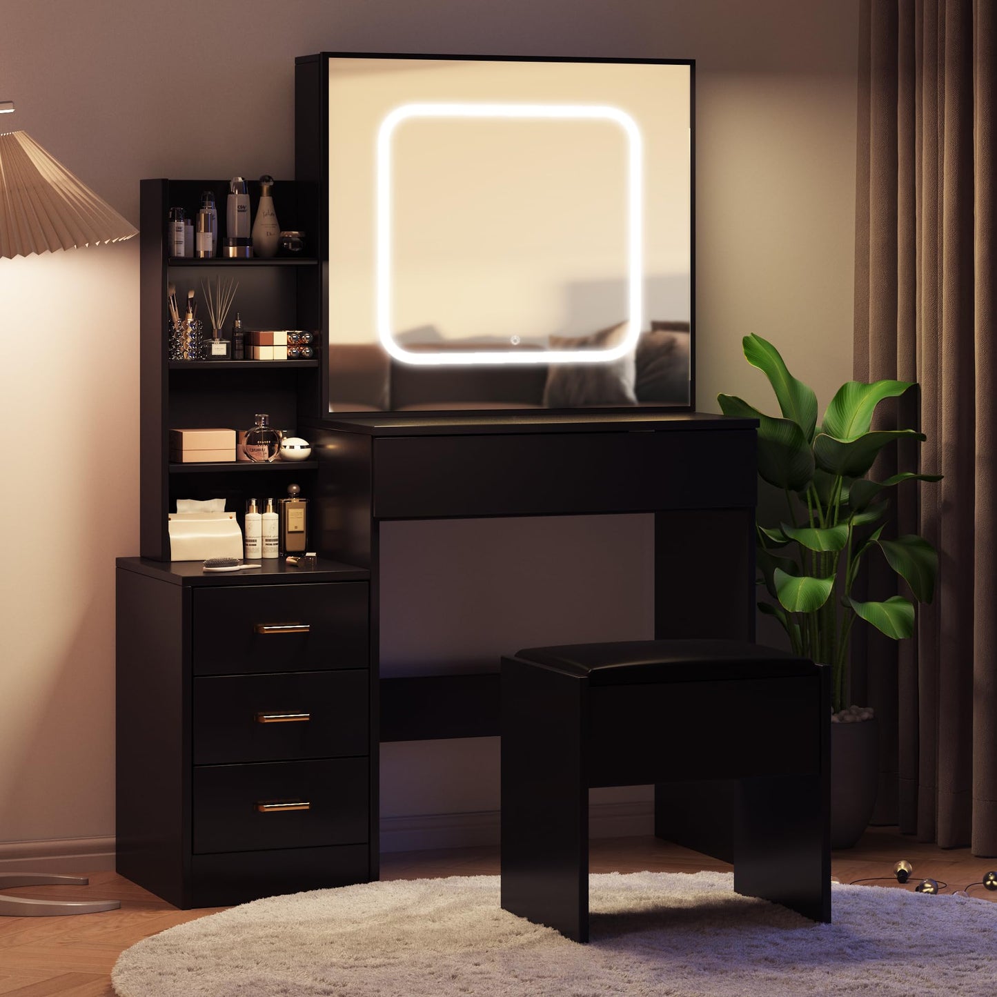 Vanity Desk with Sliding Mirror and Lights, Makeup Vanity Set with 4 Drawers, Stool, Power Outlet, Open Shelves, 3 Color Adjustable Lighting Modes, Makeup Dressing Table for Bedroom, Black