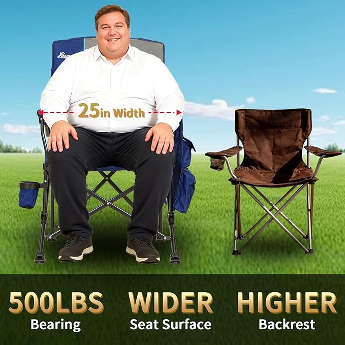 Romswi Oversized Camping Folding Chairs, Heavy Duty for Adults Support 500 LBS, High Back Camp Chairs with Hard Armrests, Cup Holder & Side Pockets for Outdoor, Garden 2 Pack