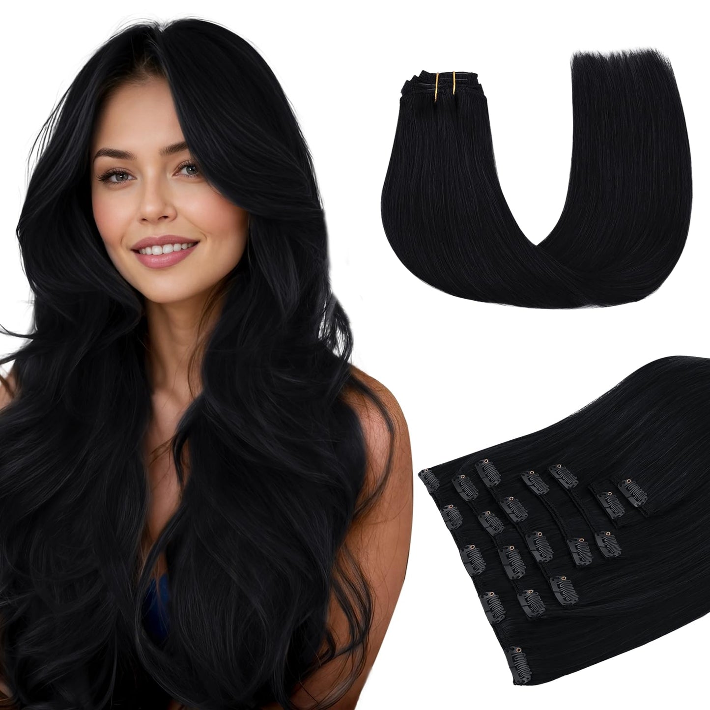 MAXITA Clip in Human Hair Extensions, 16 Inch 120g 7pcs, Jet Black Real Hair, Straight, Thick