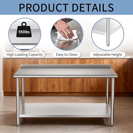 Mioleu Commercial Stainless Steel Table 60 x 24 Inches Heavy Duty Prep & Work Metal Desk with Blacksplash & Adjustable Undershelf for Kitchen Restaurant Home Garage Warehouse