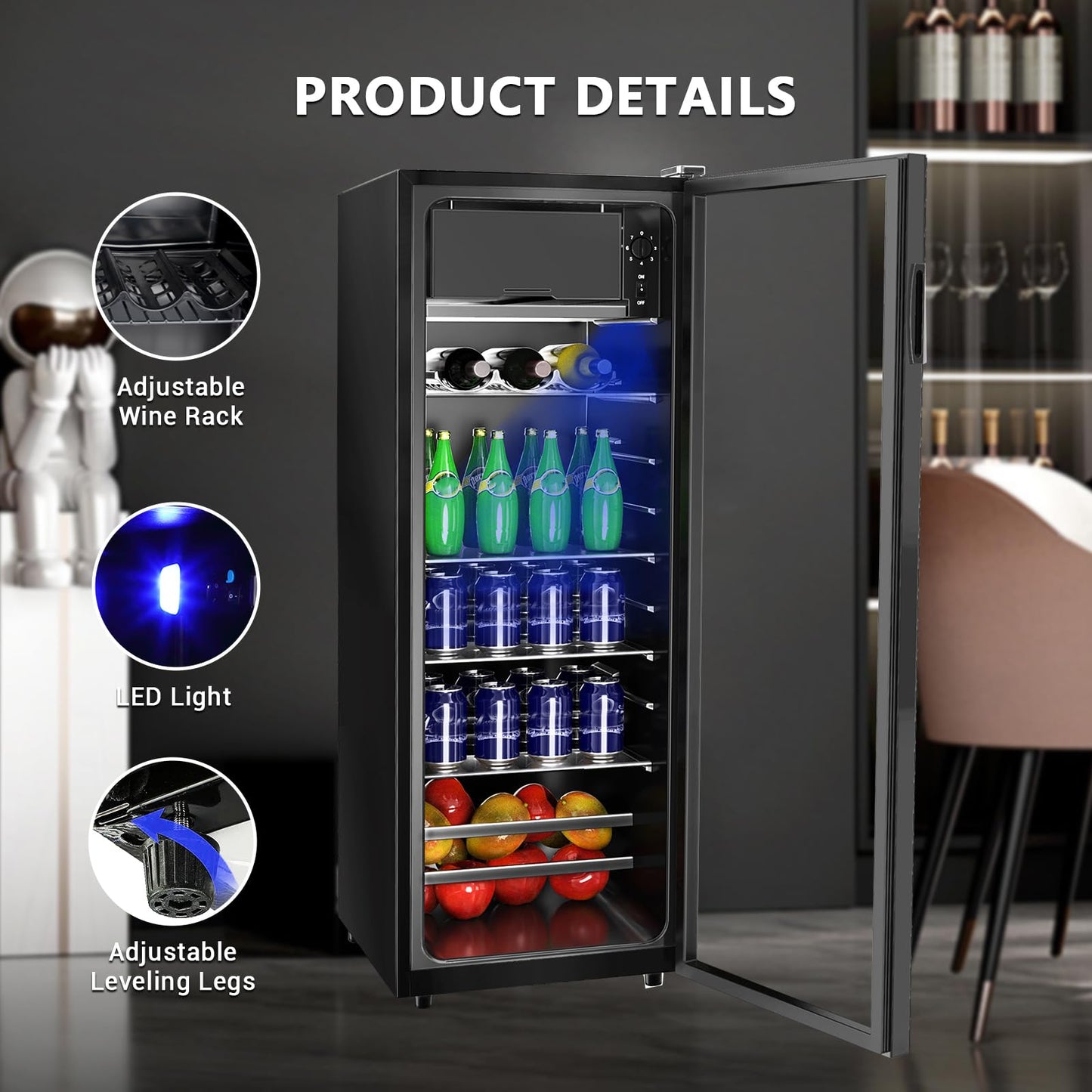 Borcolo Beverage Refrigerator, 180 Can Mini Fridge Glass Door for Soda, Beer or Wine with LED Light, Temperature Control, Compact Mini Bar Adjustable Removable Shelves for Home/Office 4.8 Cu.Ft