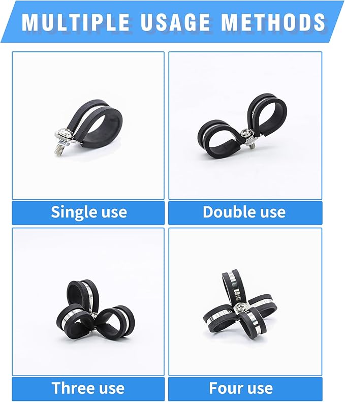 20PCS 1" Double Cable Clamps with updated Riveted Reinforce, 304 Stainless Steel Rubber Cushioned Insulated Loop Pipe Wire Clamps