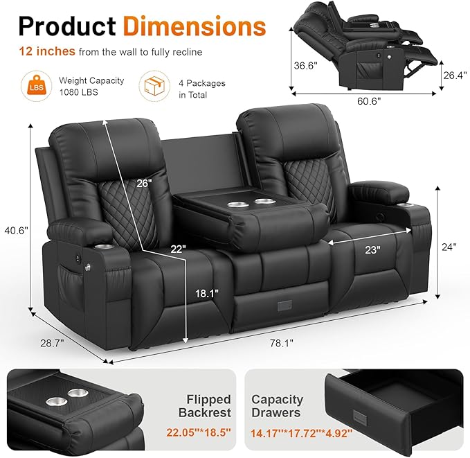 FURNIMAT Oversized Recliner Sofa Set with 2+3 Pieces in Living Room, PU Leather Loveseat Recliner Couch, 3 Seats Reclining Sofa with Flip Back Console, Storage, USB Ports, Cell Phone Holder, Black