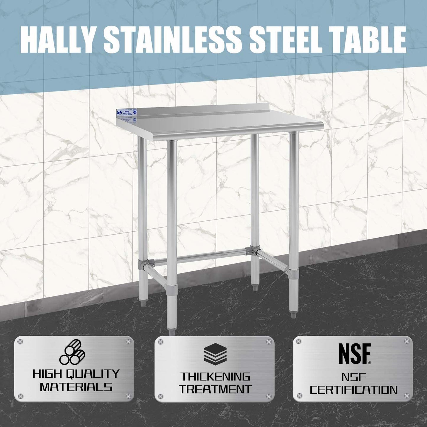 Hally Open Base Stainless Steel Table 24 x 30 Inches, NSF Commercial Heavy Duty Prep & Work Table with Backplash and Galvanized Legs for Restaurant, Home and Hotel