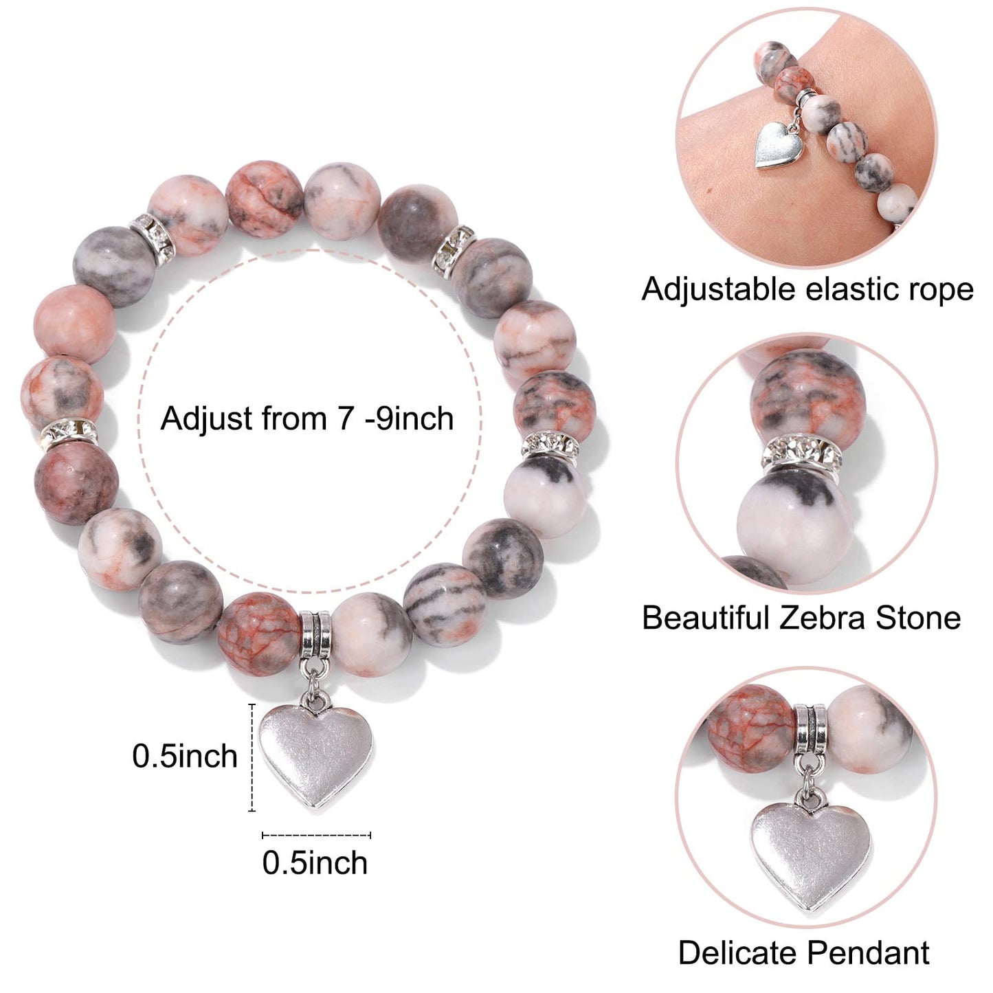 GolbalJew Healing Bracelet For Women Anxiety Beaded Bracelets Jewelry Pink Healing Stone Heart Pendant Bracelet Stress Relief Yo