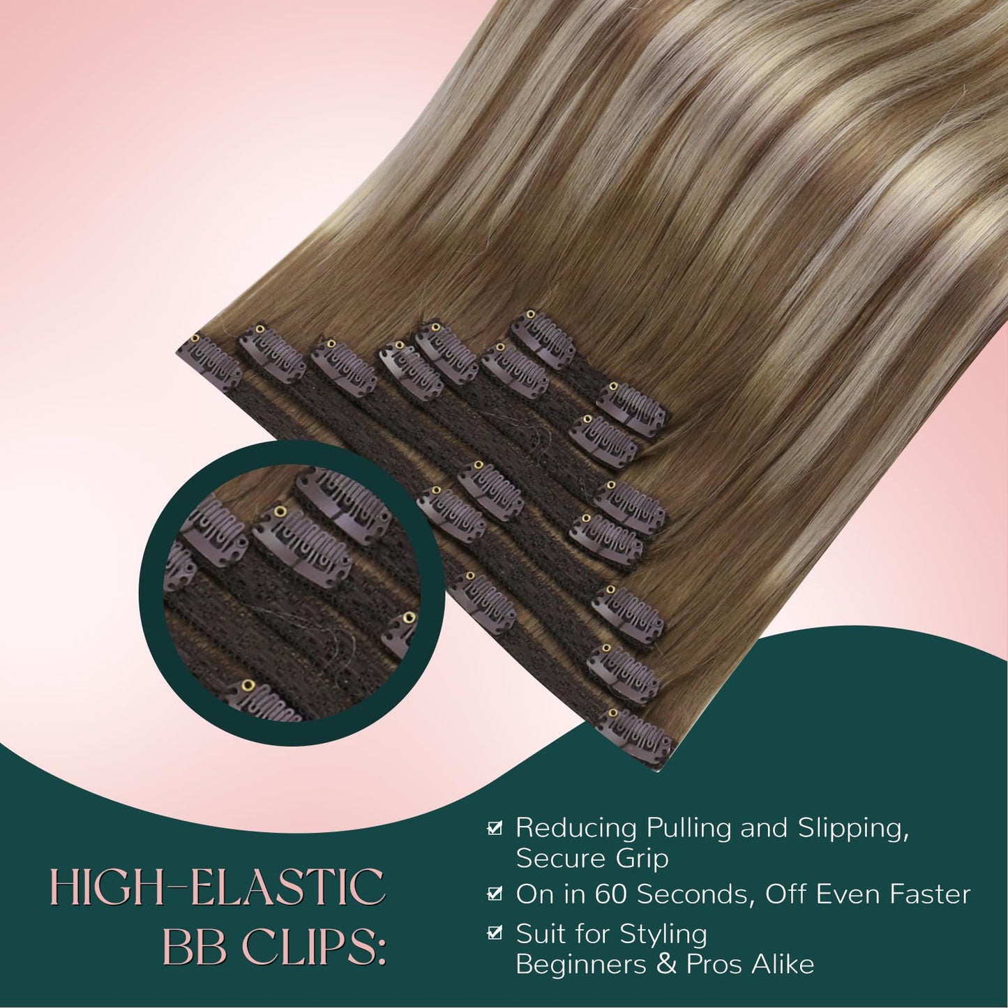 Easyouth Balayage Clip-in Hair Extensions, 16 Inch 120G, Real Human Hair, Golden Brown Ombre with Platinum Blonde Highlights, 7 Pieces
