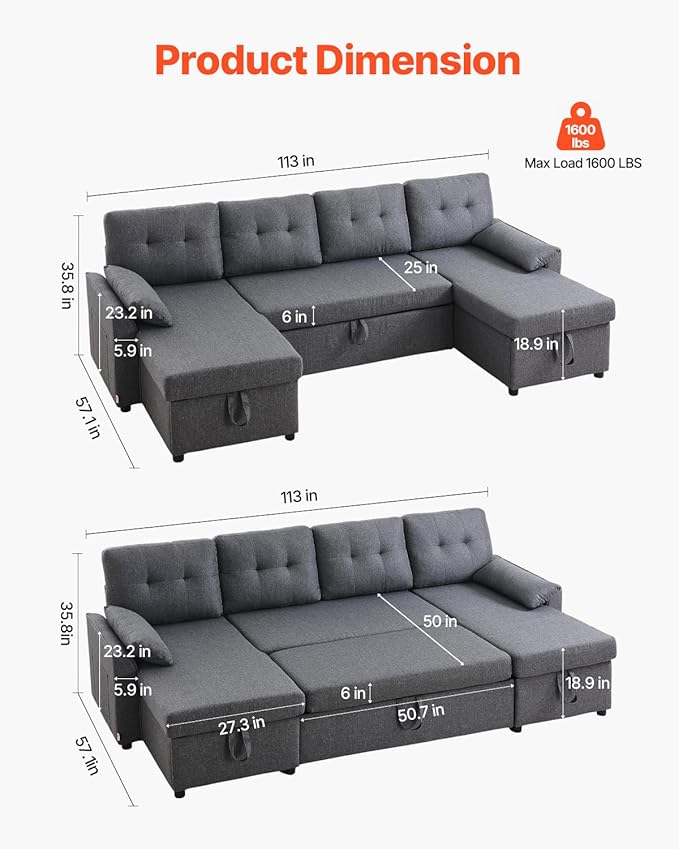 VEVOR U Shaped Sofa Bed, Convertible Sofa Bed with 2 Side Pockets, 2 Pillows and Double Chaise, 6-Seat Pull Out Sleeper Couch with Large Storage Capacity for Living Room, Apartment, Metal Frame, Gray