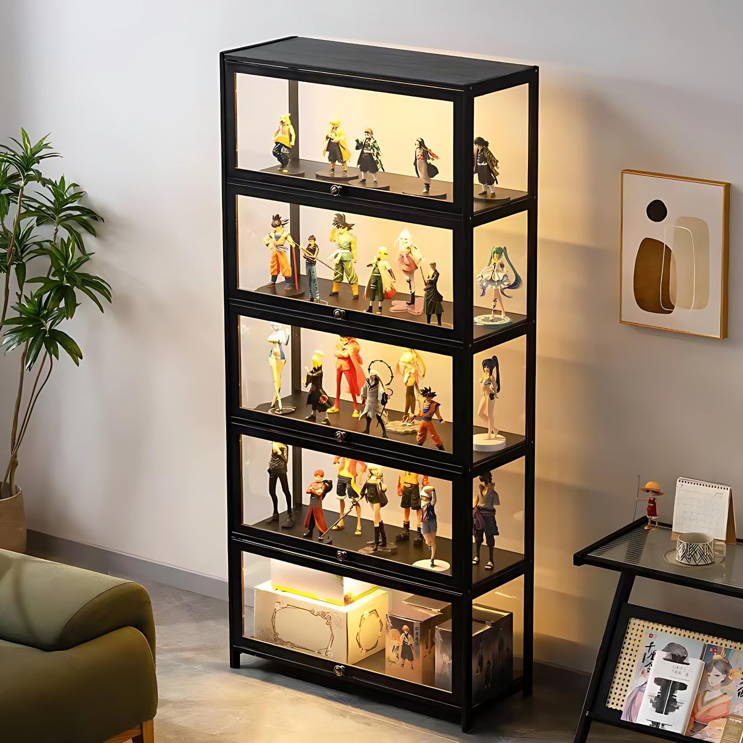 Curio Display Cabinet, 5-Tier Display Case with Acrylic Glass Doors, 67" Tall Transparent Bamboo Curio Display Shelf for Collectibles, Storage Cabinet for Playroom, Bedroom, Office, Living Room, Black