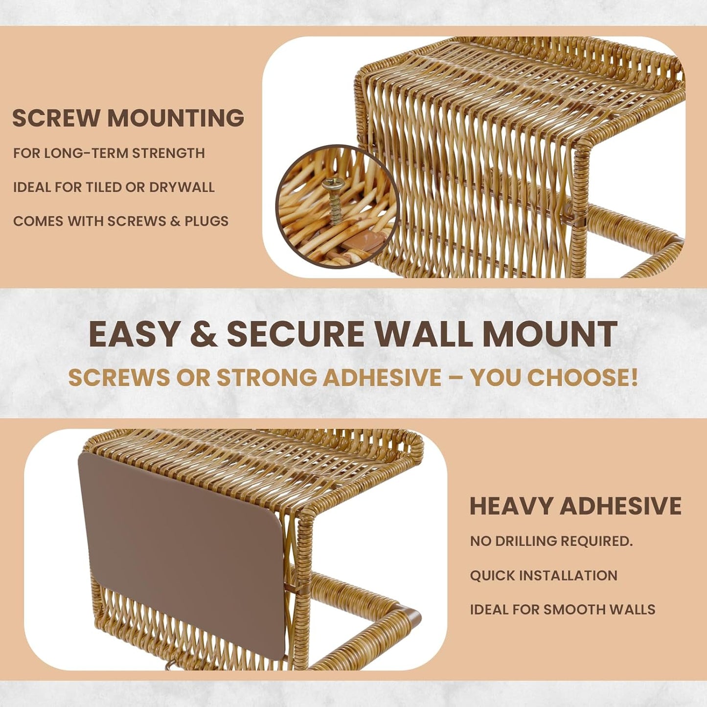 Synthetic Rattan Toilet Paper Holder with Shelf – Fits Mega Rolls, Boho Bathroom Decor Roll Holder for RV, Washroom, Kitchen – Water-Resistant Woven Tissue Dispenser (Natural, Screw Mount)