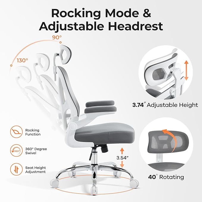 shipborne Office Chair Ergonomic Office Chair with Lumbar Support, Head Support, Rocking Function, FILP-up Armrests, Mesh High Back Chair Home Office Desk Chair, Suitable for Home, Office, Grey