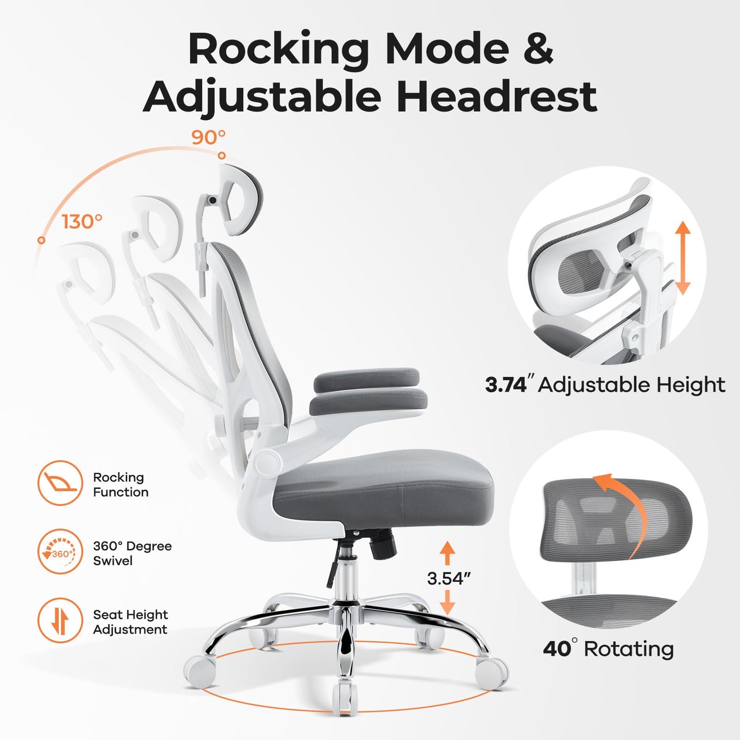 shipborne Office Chair Ergonomic Office Chair with Lumbar Support, Head Support, Rocking Function, FILP-up Armrests, Mesh High Back Chair Home Office Desk Chair, Suitable for Home, Office, Grey