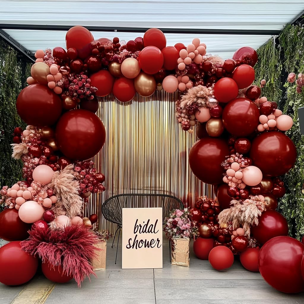 Red Pink Balloon Garland Double Stuffed Burgundy Gold Balloons Dark Red Dusty Pink Gold Balloon Arch Kit for Bridal Shower Wedding Birthday Girl's or Mom's Party Decoration