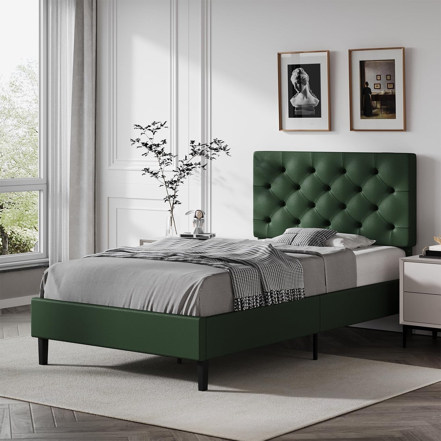 REVOMINCA Upholstered Twin Bed Frame with Headboard, Green Bed Frame Twin, Platform Bed with Button Tufted Desigh, No Box Spring Required, Easy Assembly, Green