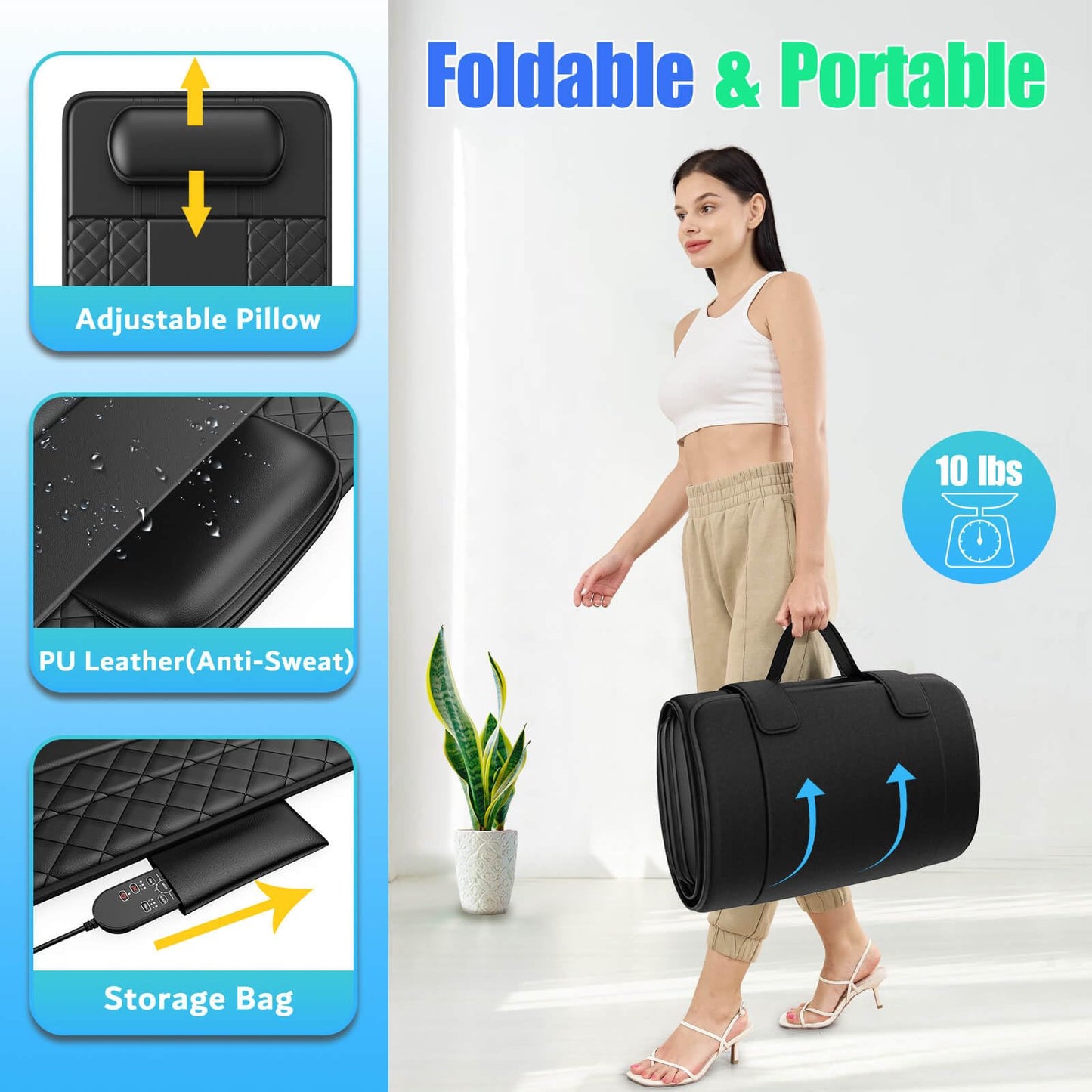 Full Body Massage Mat with Heat, 3D Stretching Back Massager Pad for Bed Sofa Floor, Lumbar & Neck Support, 4 Modes 3 Intensities 3 Heat Levels, Portable & Foldable, PU Leather, Gifts for Mom Dad