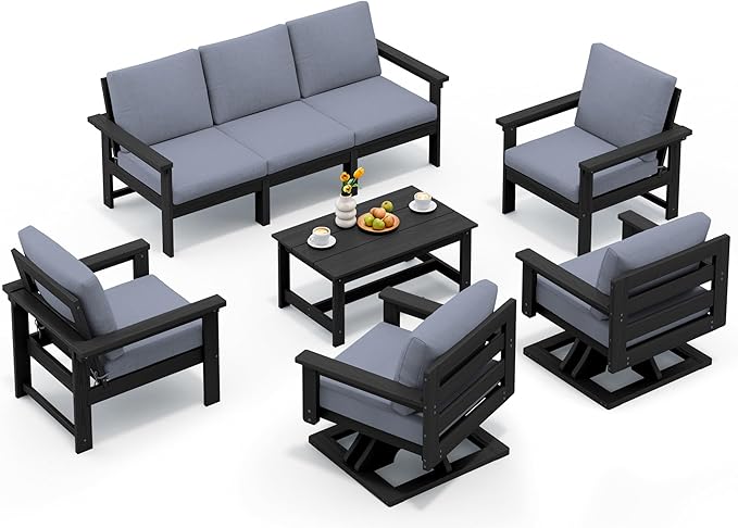 SERWALL HDPE Outdoor Patio Furniture Set, 8-Piece Outdoor Sectional Sofa with 2 Swivel Sofas with Thick Cushions for Deck, Black Frame with Gray Cushions