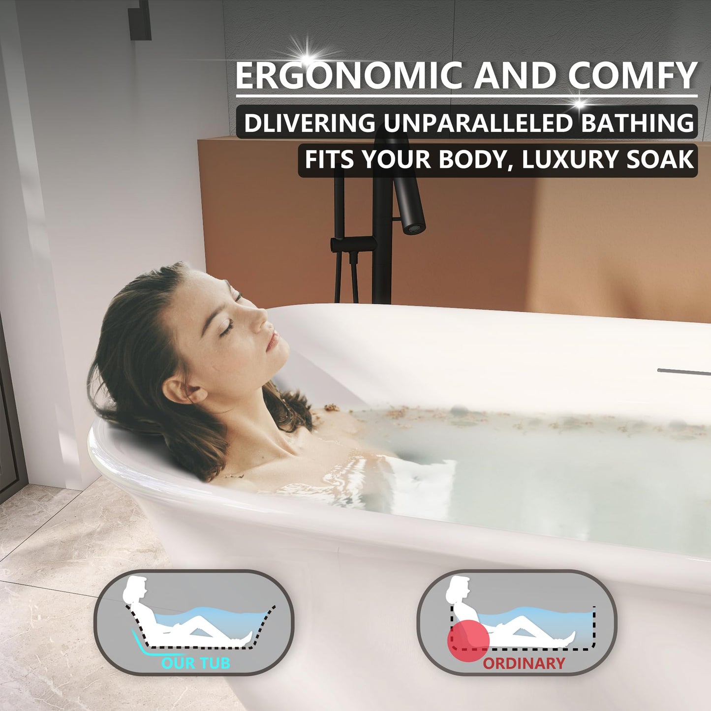 Adecab 67" Acrylic Freestanding Bathtub, Soaking Tub for Bathroom, Stand Alone Tub, cUPC Certified, Integrated Overflow and Drain, Gloss White