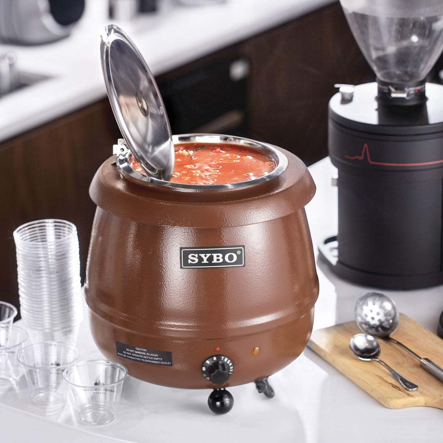 SYBO SB-6000-1G Commercial Grade Soup Warmer Kettle with Hinged Lid and Detachable Stainless Steel Insert Pot for Restaurant and Big Family, 10.5 Quarts, Ochre