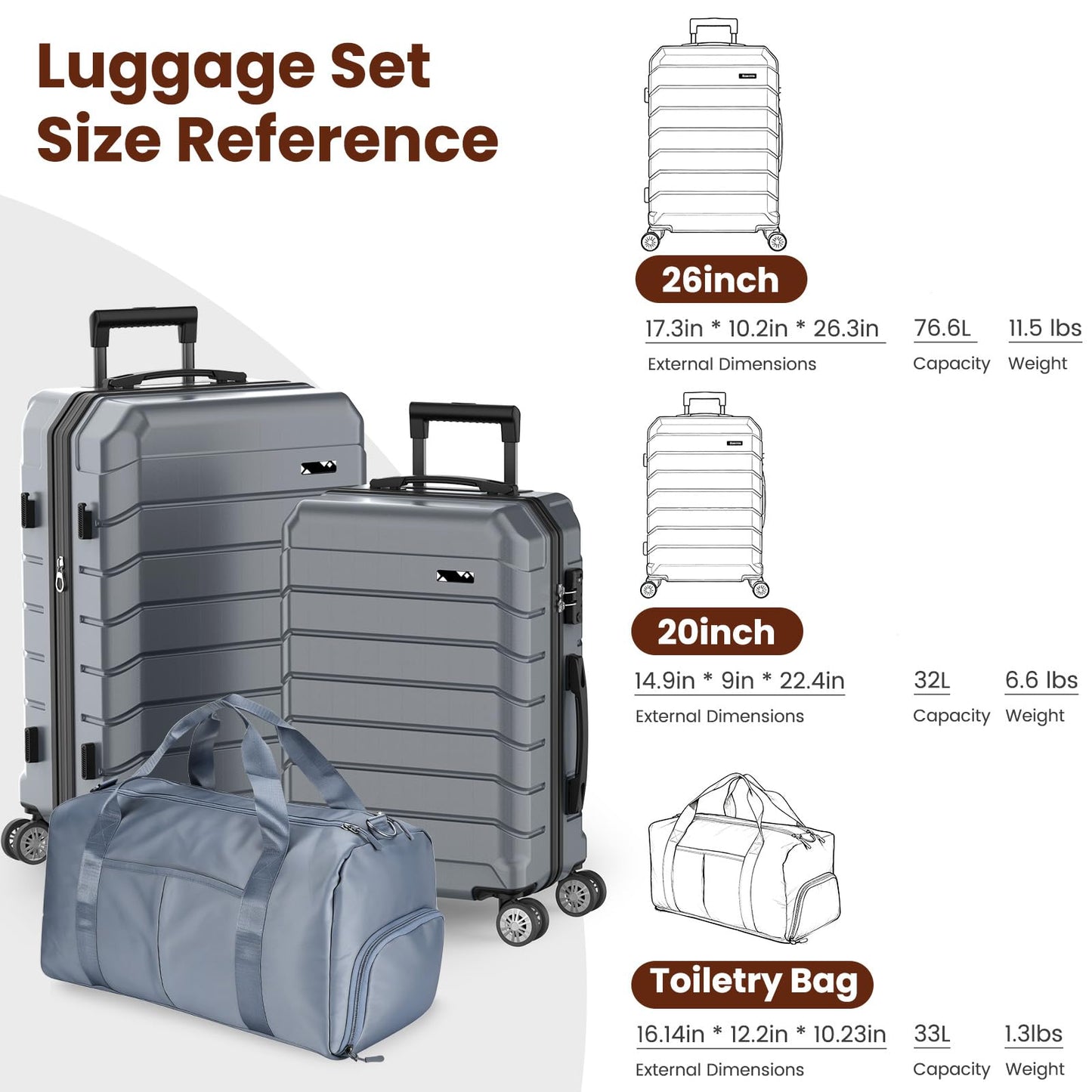 ExoRoute Luggage Sets 3 Piece, Hardside Carry On Suitcase with Spinner Wheels, Lightweight Durable Luggage for Travel | TSA Lock, Expandable Suitcase Set for Men and Women（20/26in） (Grey)