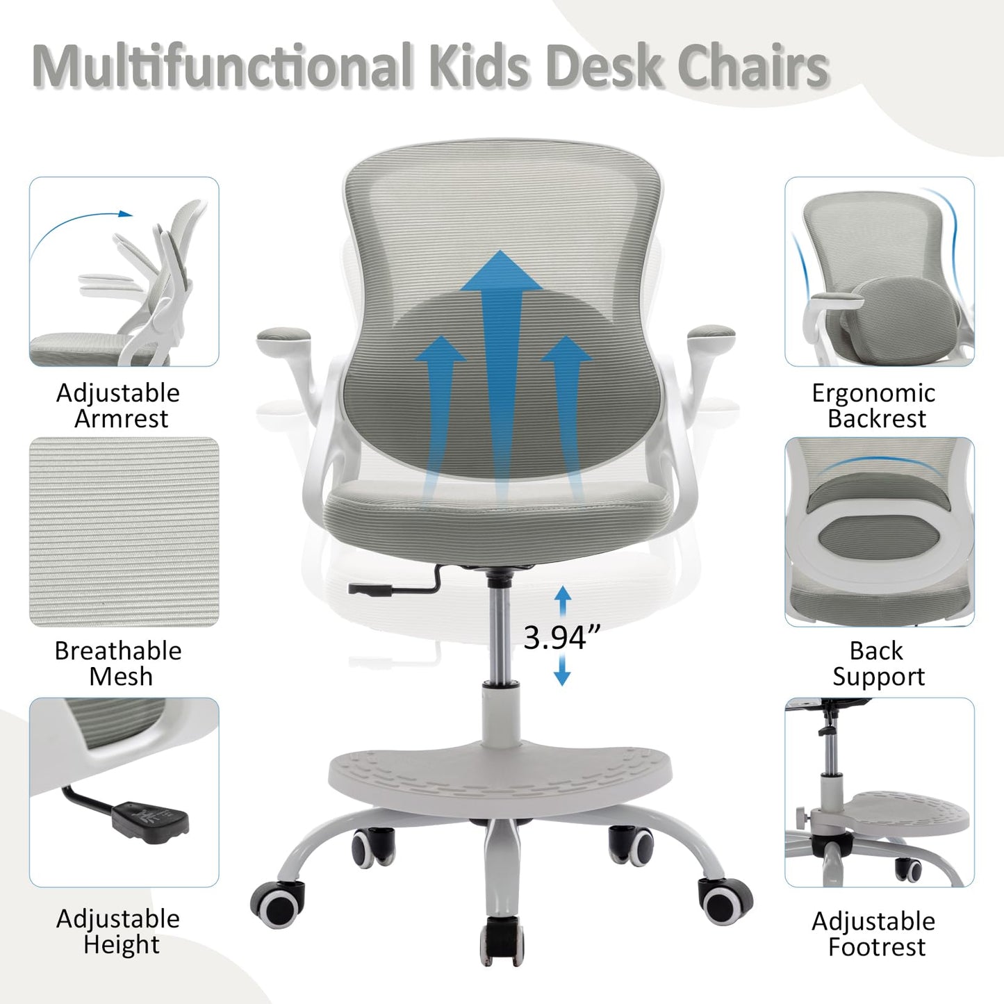 Kids Desk Chair,Ergonomic Study Chair with Adjustable Height,Swivel Mesh Desk Chair with Wheels,Home Office Chair for Children in Home Bedroom Grey