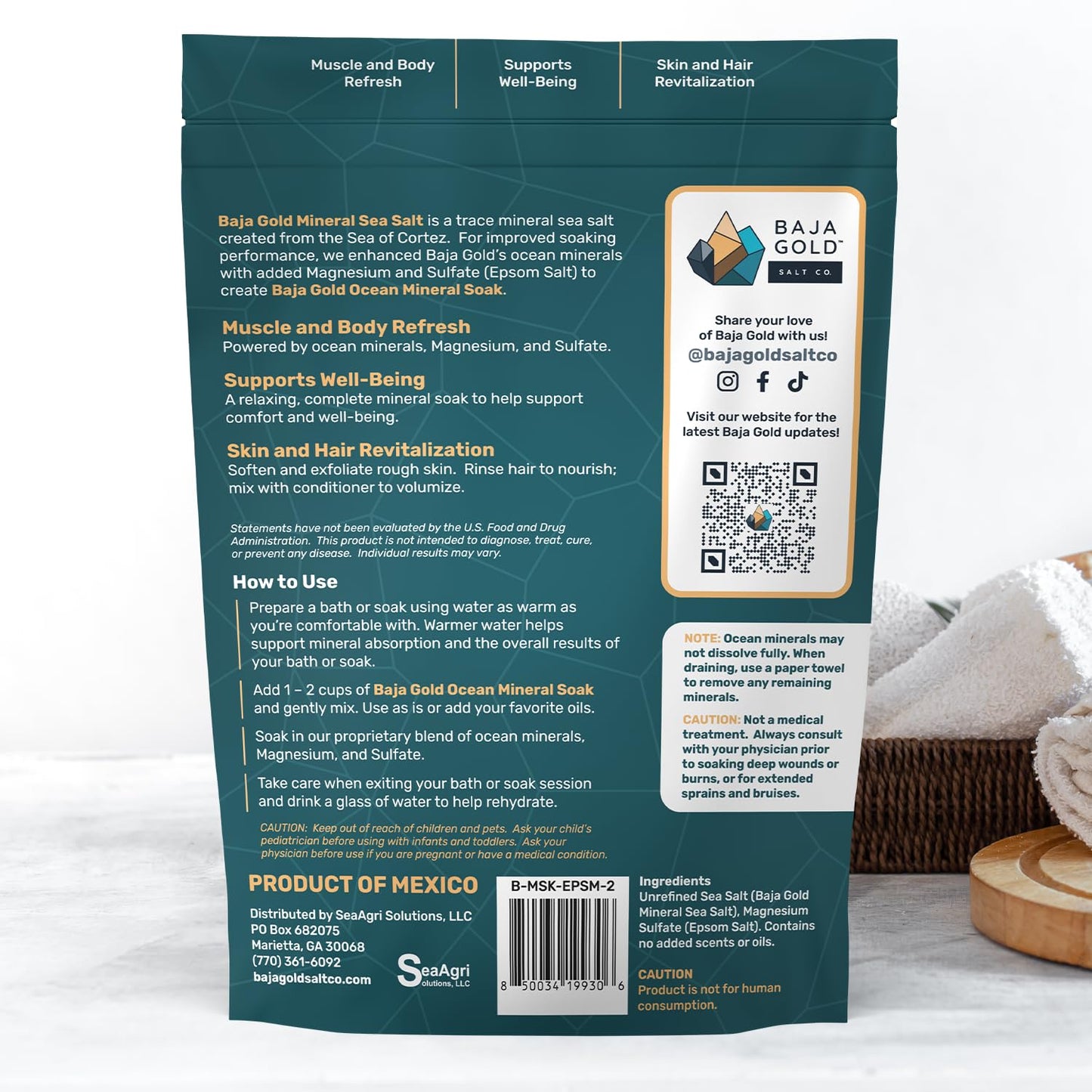 Baja Gold Ocean Mineral Soak – Natural Magnesium Bath Soak & Trace Elements | Relaxing, Clean Ingredient Soak for Bath, Muscles, Relaxation & Skin Care | Pure, Vegan, 2 Lb Resealable Bag, Unscented
