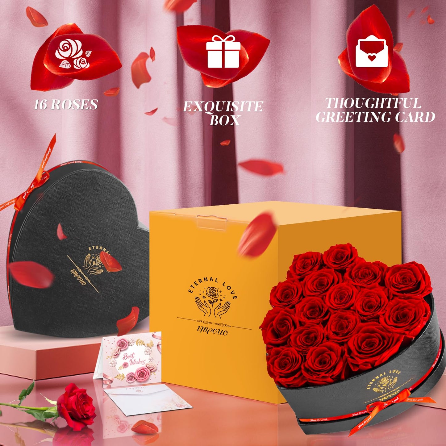 Impouo 16-Piece Preserved Rose Birthday Gifts for Women, Eternal Rose Preserved Flowers for Delivery Prime Mothers' Day, Valentine's Day, Christmas, Birthday - Red Roses