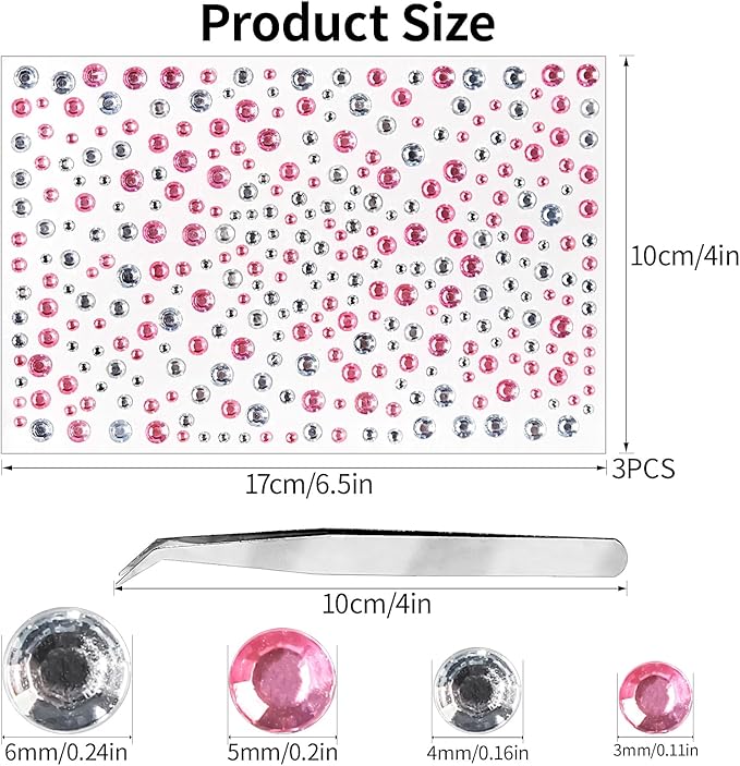 Self Adhesive Face Gems and Pearls for Makeup, Festival Jewels, Hair Gems, Rhinestone Stickers for Face, Eye, Makeup, Nail, Body, Crafts 3/4/5/6 mm 975Pcs (07.gem_White+Pink)