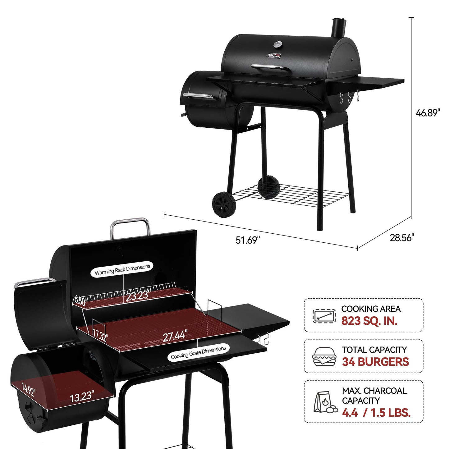 Royal Gourmet CC1830SC Charcoal Grill Offset Smoker with Cover, 823 Square Inches, Black, Perfect for Backyard Cooking, Outdoor Camping