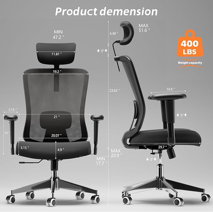 ZYFFHYLAI Ergonomic Office Chair, Mesh Desk Chair with Adjustable Headrest and 2D Armrest，Computer Chairs with Lumbar Support, Big and Tall Office Chair 400lbs, Large (01black)